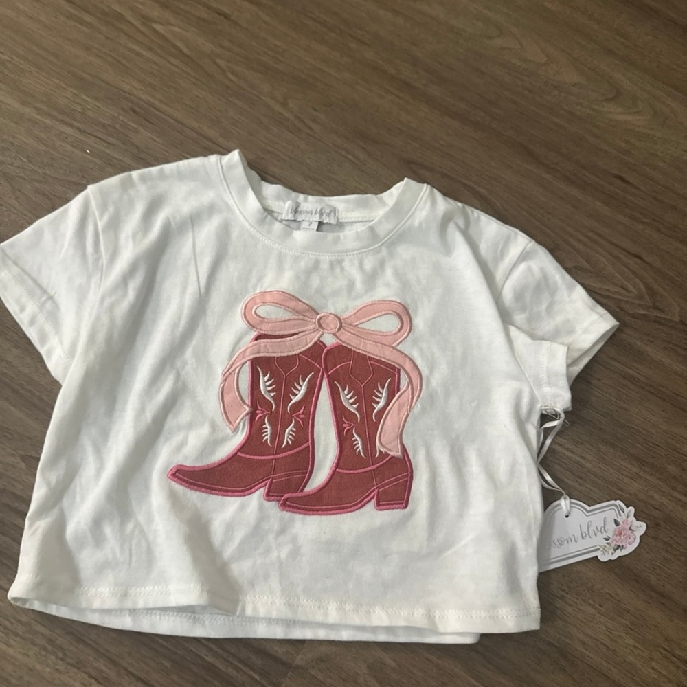 Girls Kids White Tee with Pink Boots Design